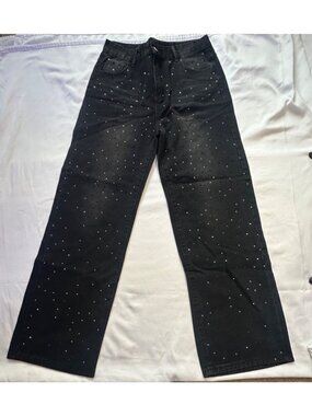 Black Wide Leg Rhinestone Women's Jeans – Size Large - 30" Waist